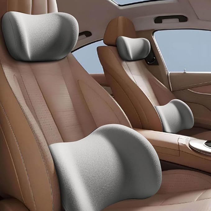 Car Headrest & Lumbar Support Cushion, Ergonomic Car Seat Headrest & Lumbar Cushion with Adjustable Strap for Neck Back Pain Relief, Memory Foam & Breathable Car Head Lumbar Rest Set (Gray)