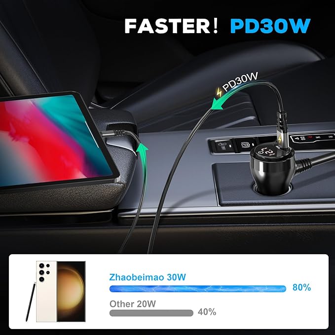 Cigarette Lighter Splitter Car Charger, 300W 4 Socket Car Plug in Outlet 12V Adapter with Dual PD 36W and QC3.0 USB C Multi Port & Independent Switch & Dust Cover & Voltmeter for All Car Devices