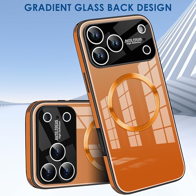 Guppy Compatible with iPhone 17 Pro Max Magnetic Case, with Full Camera Lens Protector [Compatible with MagSafe] Scratch Resistant Gradient Glass Back Cover Phone Case-Orange