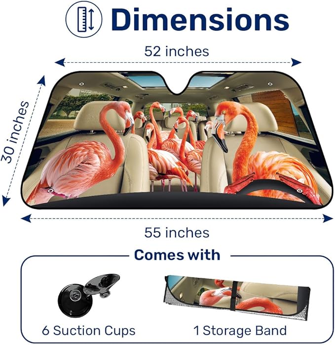 GENANY Flamingo Family Windshield Sun Shade for Car SUV Truck (55x30 inches), Sun Shade Windshield, Shades for Front Windows, Auto Gift, Spring Car Decor