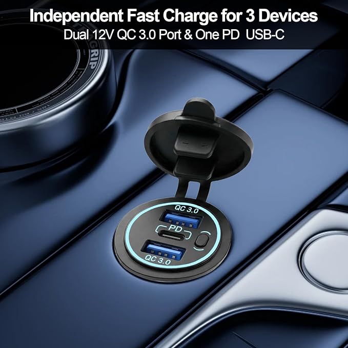 12v usb charger, PD 20W USB-C Power Socket and 18W QC3.0 Socket Waterproof Power Outlet 12V/24V with Power Switch 12V USB C Outlet for Car Golf Cart Boat Marine Bus Truck RV Marine Motorcycle etc.