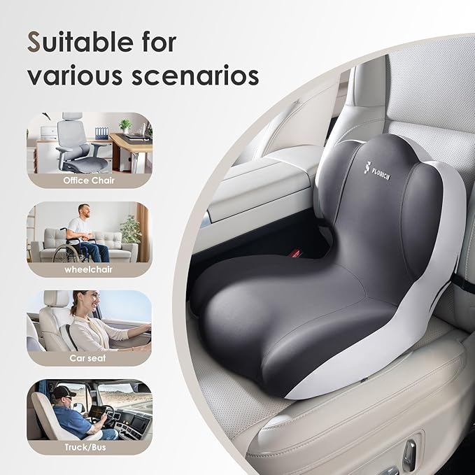 FLORICH Memory Foam Truck Seat Cushion,Car Seat Cushion and Lumbar Support Pillow for Office Chair, Ergonomic Back Support & Sciatica Relief for Long Drives(Beige Grey)