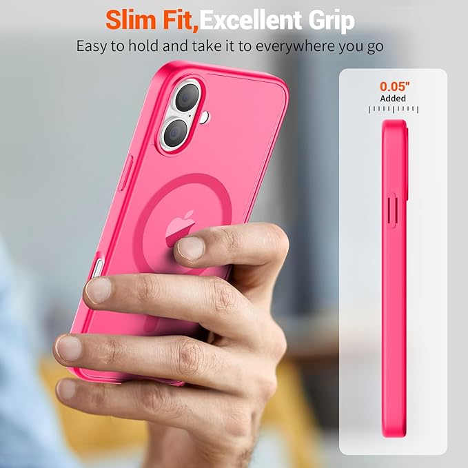 SUPFINE Magnetic for iPhone 16 Case (Compatible with MagSafe) (Military Grade Drop Protection) Slim Translucent Matte Shockproof with Anti-Fingerprint Phone Case,Hot Pink