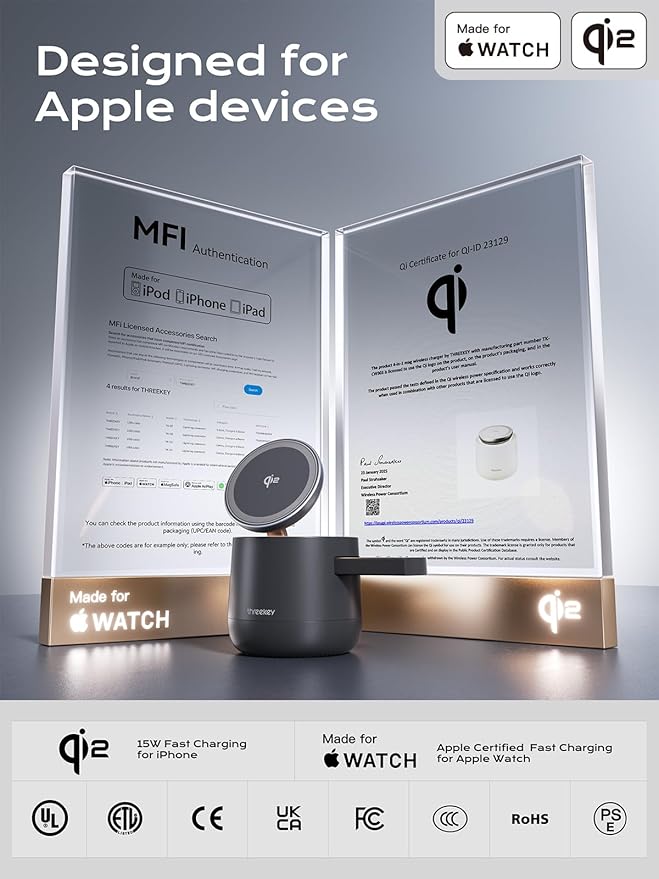 MFI Certified by Apple, 4 in 1 Magsafe Wireless Charging Station, Qi2 15W Magsafe Charger for iPhone 17/16/15/14/13/12 Series, iWatch, Airpods, iPad, 65W Charger Included (Black)
