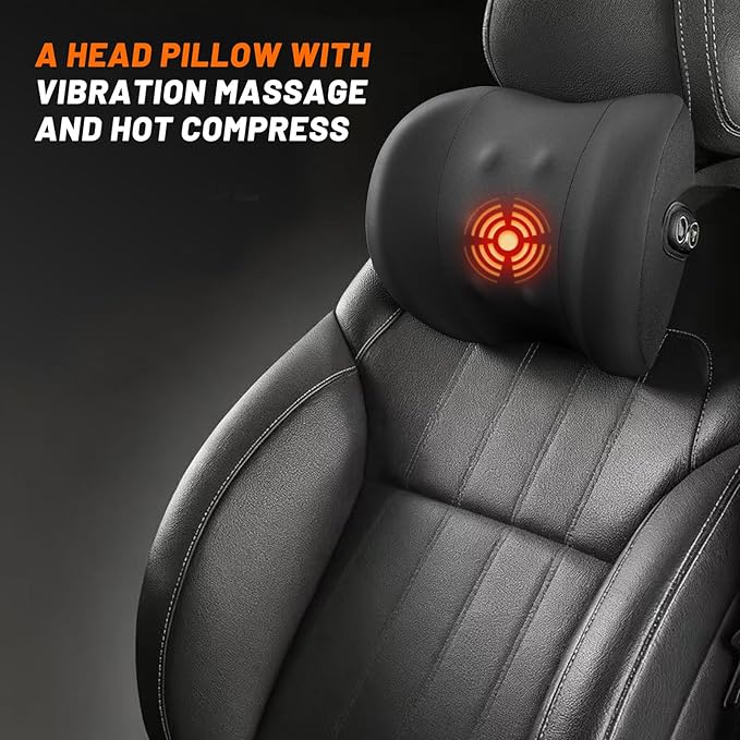 car headrest Pillow,Heat up Vibration Massage Neck Pillow,Memory Cotton Pillow,Neck Support for Office Chair,car seat Neck Pillow,Suitable for Driving, Home, Office Black