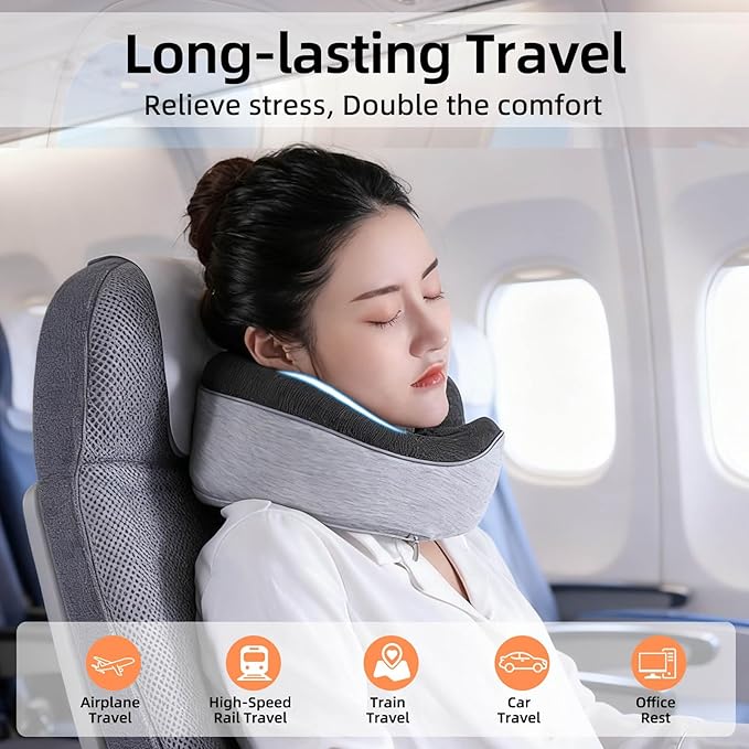 Travel Neck Pillows for Airplanes- 360° Support Memory Foam Travel Pillow with Portable Carry Bag Including Eye Mask & Earplugs, Gift for Long Flights, Car Rides & Office Naps (Grey)
