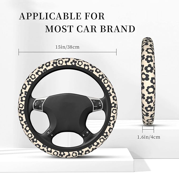 Flowers Vintage Groovy Steering Wheel Cover Universal 15 Inch Cute Car Accessories Protector for Women Men