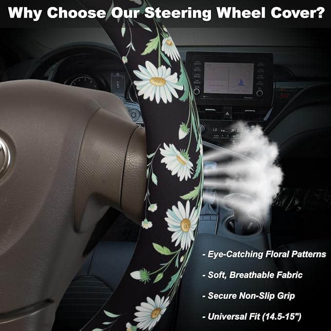Wild Daisy Steering Wheel Cover for 14.5-15 Inch (37-38 cm) Wheels, Premium Fabric with Non-Slip Rubber Inner Ring (Wild Daisy)