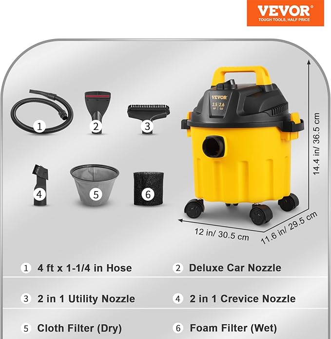 VEVOR 2.6 Gallon 2.5 Peak HP Wet and Dry Shop Vac， Portable Shop Vacuum and Blower 3-in-1 with Filter, Hose and Attachments for Home and Car Cleaning Black/Yellow