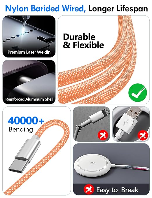 2Pack Multi Charging Cable Cord for Travel Essentials,Apple Watch Charger,iPhone Charger,[3-in-2] Type C/L Cable Portable Designed for iWatch,iPhone 17-8,Galaxy S25-21,AirPods,iPad-4FT Orange