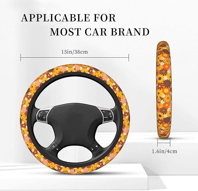 Yellow Hippie Floral Auto Car Daisy Steering Wheel Cover Universal 15 Inch Neoprene Interior Decor Protection Accessories