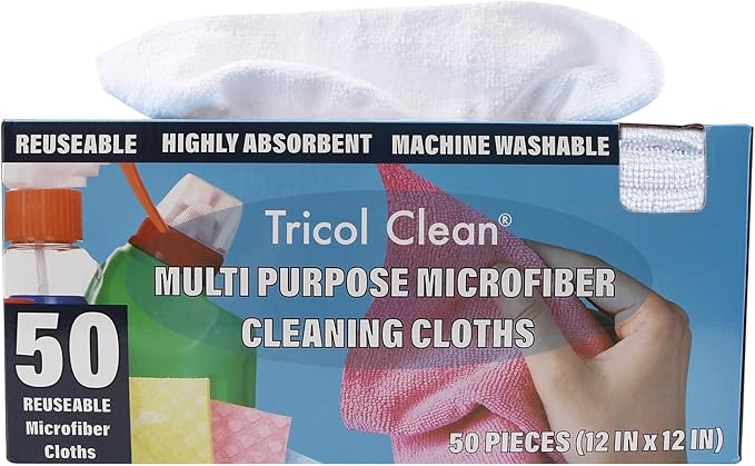 Tricol Clean 50PK Profesional Resuable Lint Free Microfiber Edgeless Cleaning Cloth Cleaning Rags,Absorbent Microfiber Wipes for Housekeeping, Car Cleaning(12 * 12 Inches) (white1)