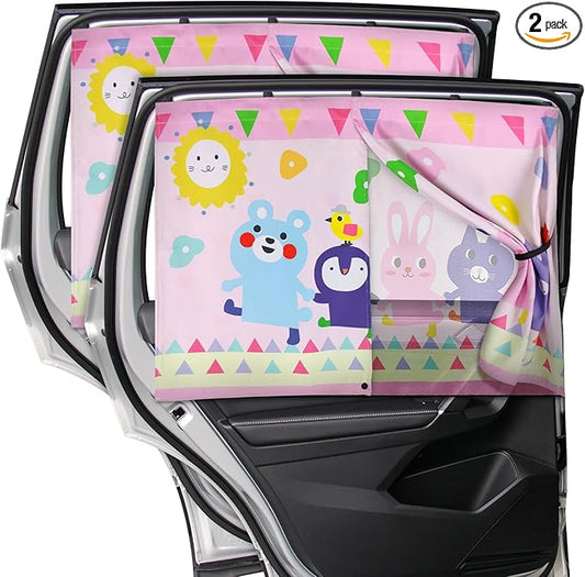 Car Window Shade for Baby, 2pcs Magnetic Auto Sun Shades for Side Windows Double Layer Full & Half Shade Options, Cute Patterns Car Window Curtains for Sun Glare Block
