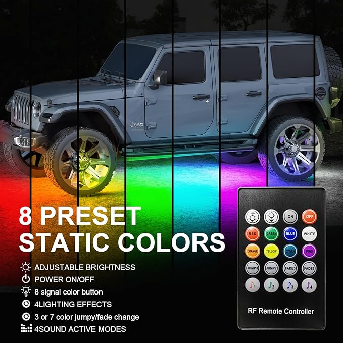 Smart RGB Car Underglow Kit with App & RF Remote - IP67 Waterproof, 16 Million Color LED Light Strips, Music Sync, Universal Fit for All Cars, Trucks, Vans - 12V DC Exterior Lighting