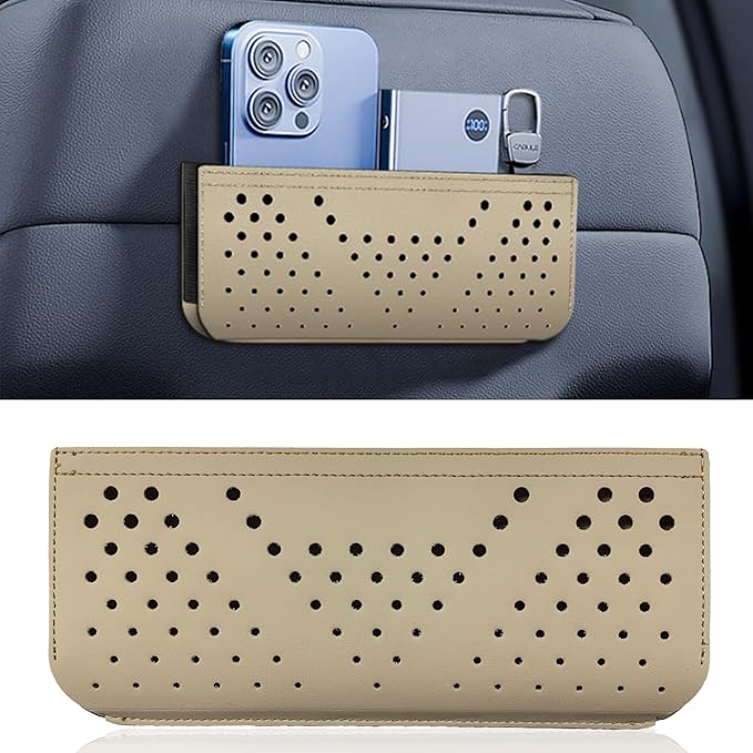 Car Seat Side Pocket Organizer, Multifunctional Mini Console Storage Bag for Phone, Keys, Sunglass, Wallet, PU Leather Tray Pouch Car Organizer Accessories for Seat, Door, Window, Console (Beige)
