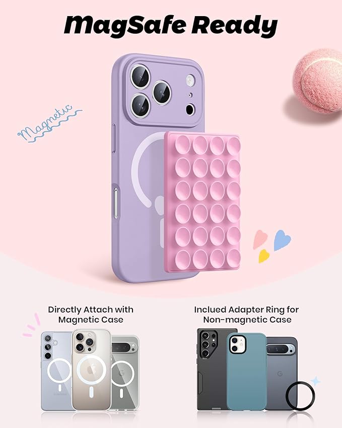 amBand Airplane Travel Essentials Phone Holder, Anti-Slip Magnetic Suction Cup Phone Mount for iPhone Fits Magsafe Attachment, Influencer/Sharer/Content Creator Must Haves for Selfie/Video, Peony Pink