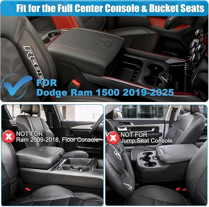 Thickened Center Console Cushion for 2019-2025 Ram 1500/2500/3500 PU Leather Armrest Cover Protector,Anti-Scratch for 5th Ram 1500(Bucket Seat Console) Arm Rest Lid Accessories 19-25