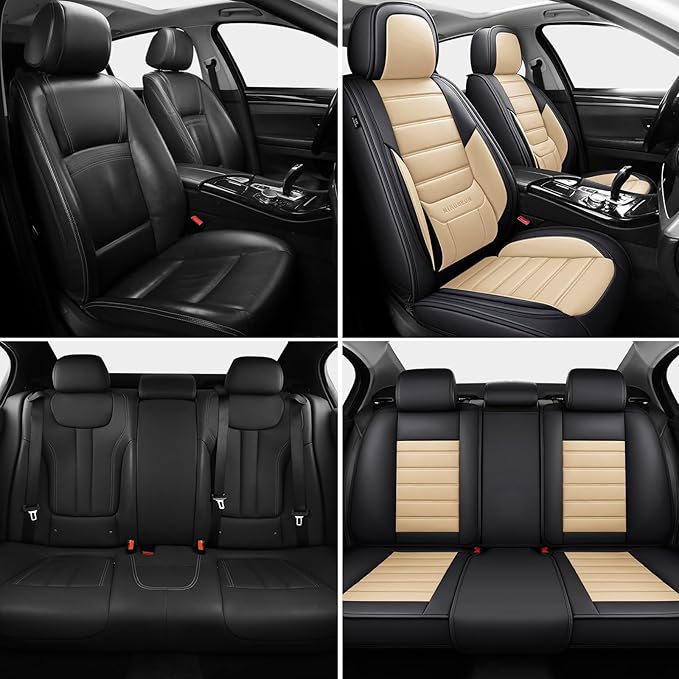 Car Seat Covers Full Set, Brown Car Seat Cover Lumbar Support, Car Seat Protector Waterproof, Nappa Leather Car Seat Cushion, Front Seats and Back Fit for Most Cars Beige