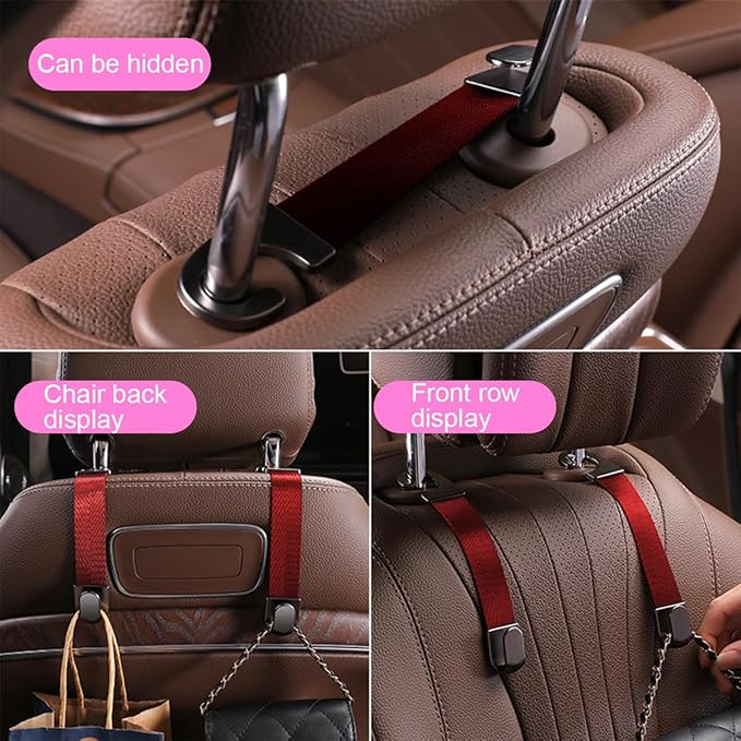Car Headrest Hooks, 2PCS Vehicle Back Seat Storage Organizer Hanging Holder for Purse Bags Grocery, Adjustable Automotive Interior Hanger Accessories, Universal Fit (Red)