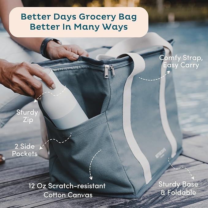 Reusable Insulated Grocery Bag - Canvas, Leak Proof, X Large Cooler Bag, Insulated Shopping Bags for Groceries, Travel Cooler Bag for Frozen and Hot Food with Zippered Top (Caramel)