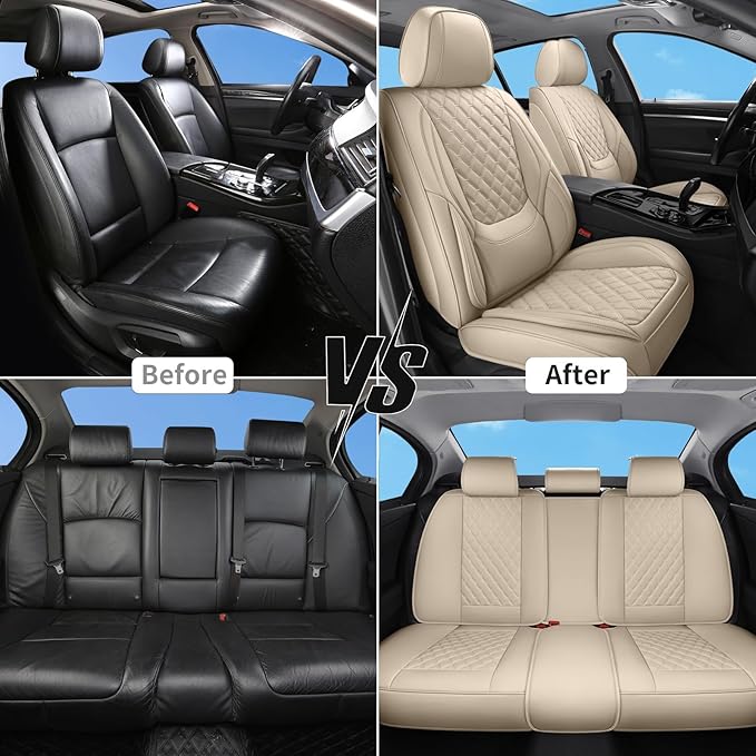 Car Seat Covers Full Set Beige, Luxury Faux Leather Car Seat Covers Waterproof Non-Slip Seat Protector Universal Fit for Most Cars SUVs Trucks Pick-ups,Car Accessories for Front Seats and Back