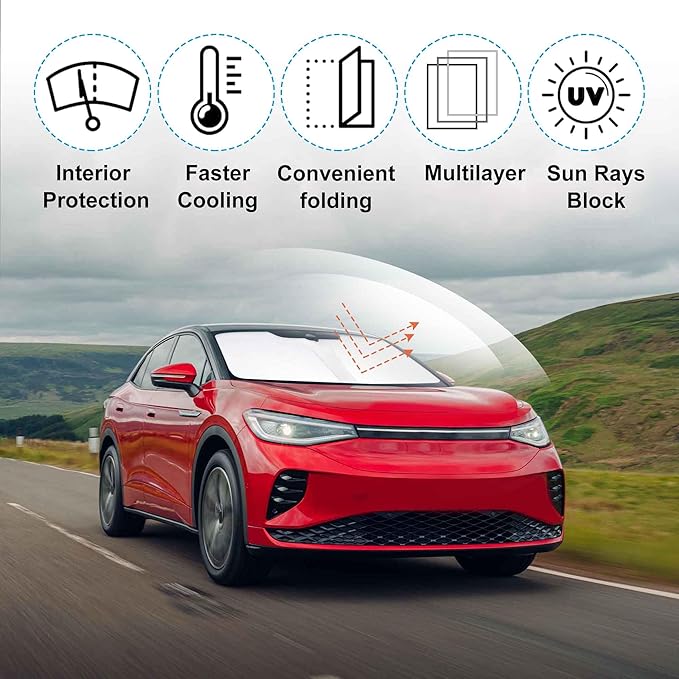 Windshield Sun Shade Custom Fit for 2021 2022 2023 2024 2025 2026 Volkswagen VW ID.4 Accessories Foldable Sunshade Sun Blocker Protect Car from Sun Rays & Heat Damage Keep Car Cooler