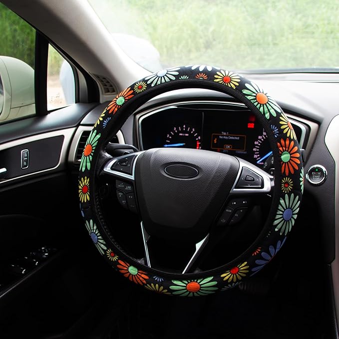 Steering Wheel Cover for Women Boho Universal Steering Wheel Covers Protector Car Accessories for Car 15 inch (Sunflower)