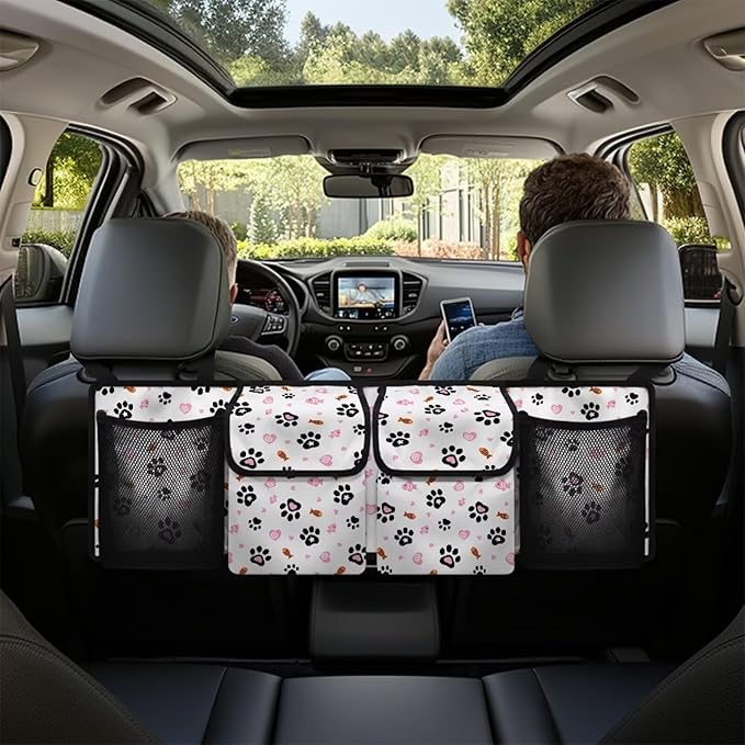 Cat Paw Prints Car Trunk Organizer Bag, Foldable Car Back Seat Storage Bag with 4 Pockets Car Interior Accessories for SUV MPV Sedans Pickup Jeep Trucks