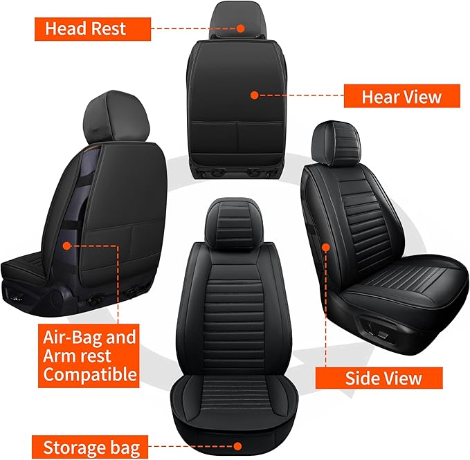 Car Seat Covers Full Set, Waterproof Faux Leather Automotive Seat Covers for Cars, Breathable Universal Car Seat Covers Protectors for Sedan SUV Truck (5 PCS Full Set, Black)