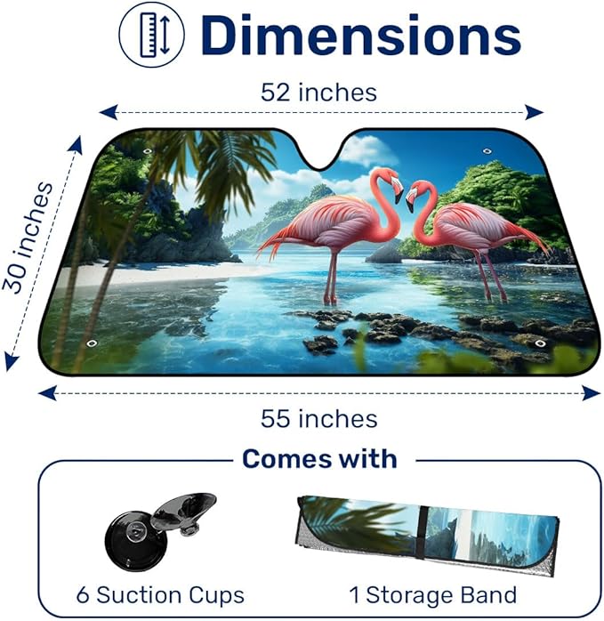 GENANY Flamingo Couple Windshield Sun Shade for Car SUV Truck (55x30 Inches), Sun Shade Windshield, Shades for Front Windows, Spring Car Decor, Xmas Auto Gift