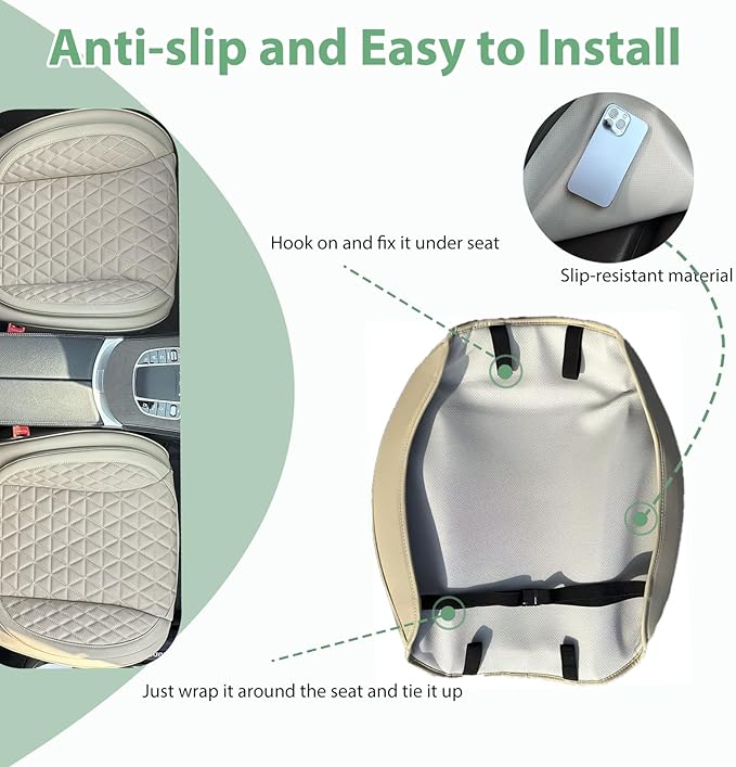 2 Pack Leather Front Car Seat Cover Bottom Only, Anti-Slip Padding Seat Cushion, Full Wrap Seat Protector with Storage Function Universal Fit for Most Cars, SUV, Pick-up Trucks (Beige)