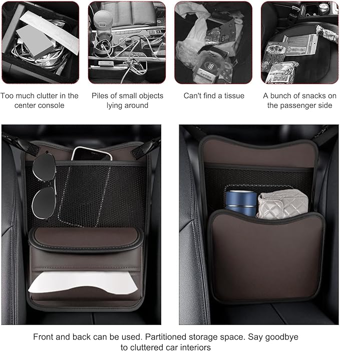 Car Organizer Storage Between Seats, Nappa Leather Auto Handbag Holder for Document Phone Storage, Large Capacity Automotive Console Pocket Purse, Car Accessories (Brown)