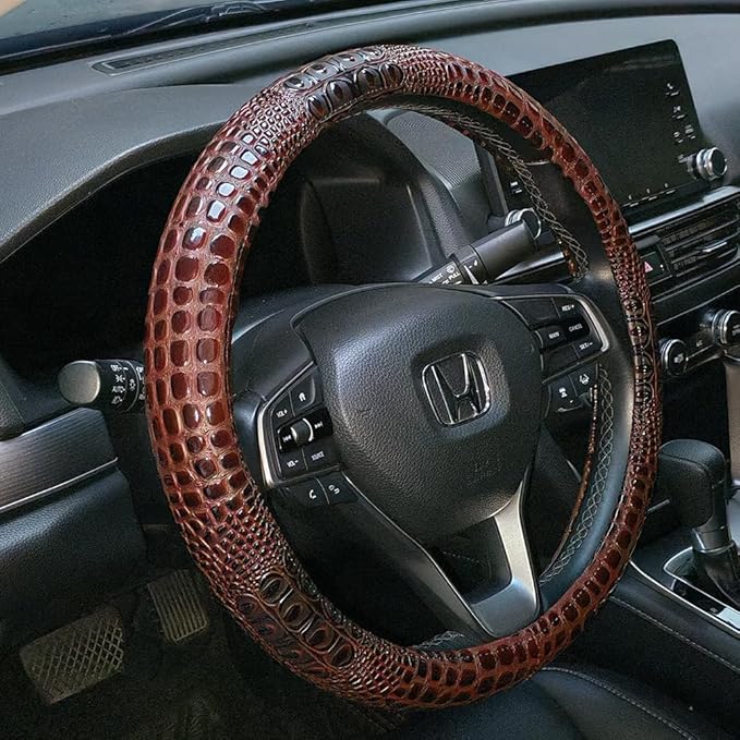 Crocodile Grain Leather Four Seasons Universal Car Steering Wheel Cover Sport Cute Handle Case for Men Auto Interior Accessories, Brown