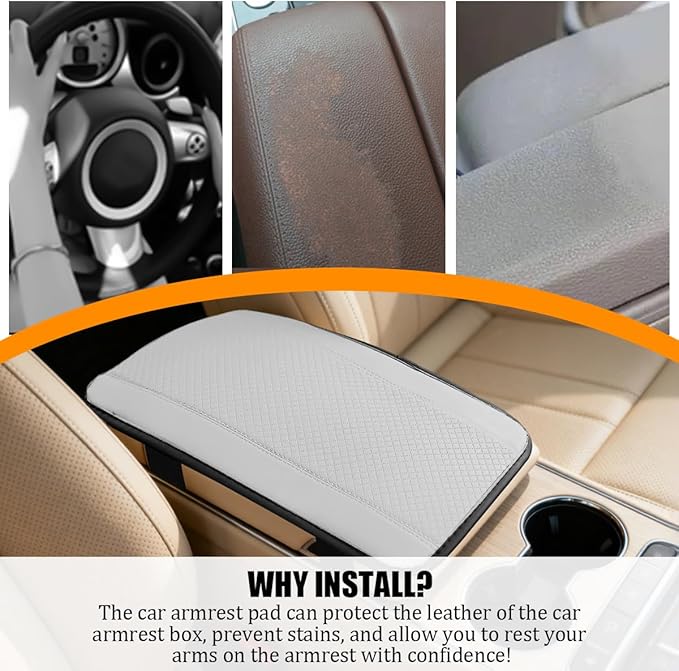 Car Center Console Cover, PU Leather Vehicle Armrest Seat Box Cover Protector, Comfortable Automotive Interior Arm Rest Cushion Pad Accessories, Universal for SUV Sedan Truck (White)