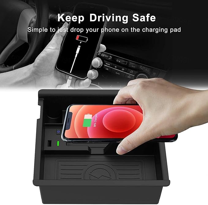 Car Wireless Charger for to-yo-ta Tacoma 2016-2021 Center Console Organizer Tray Accessory Panel with 18W USB Port 15W Fast inductive Mobile Phone Wireless Charging Pad