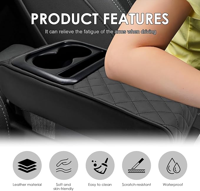 Car Center Console Cover, Leather Car Armrest Cover with Cup Holder, Phone Slot, Waterproof Arm Rest Protector Cushion Automotive Accessories (Black)