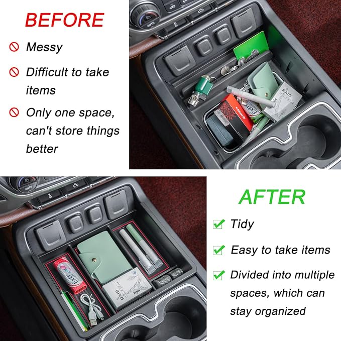 PIMCAR Center Console Organizer Tray for 2014-2018 Chevy Silverado GMC Sierra 1500 & 2015-2019 2500HD/3500HD Models - Custom Fit Storage Insert Accessories - Red Trim