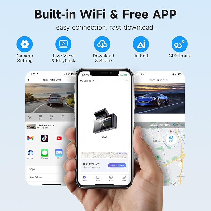 4K Dash Cam Front and Rear with Wi-Fi GPS Free 128GB Card, Dash Camera for Cars with HDR&WDR Night Vision, Car Camera with 3" Touch Screen, 170° Wide Angle, Loop Recording, 24H Parking Mode