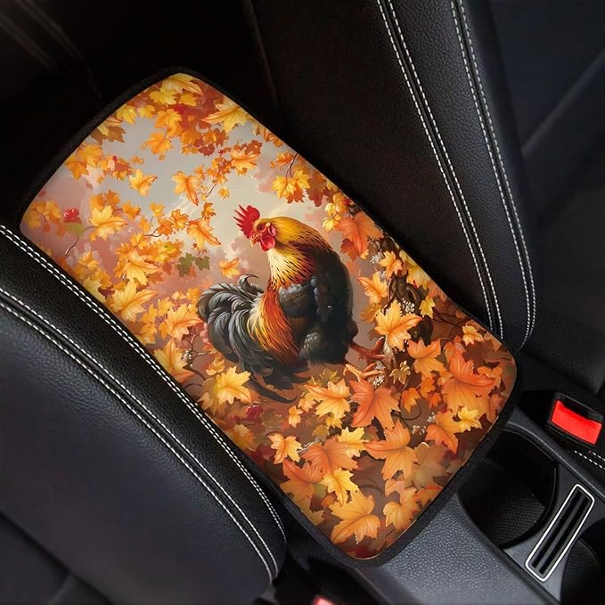 Suobstales Rooster Chicken Maple Leaves Print Car Armrest Pad Thanksgiving Decoration Soft Center Console Arm Rest Protector Cover Universal Car Interior Accessories Decoration