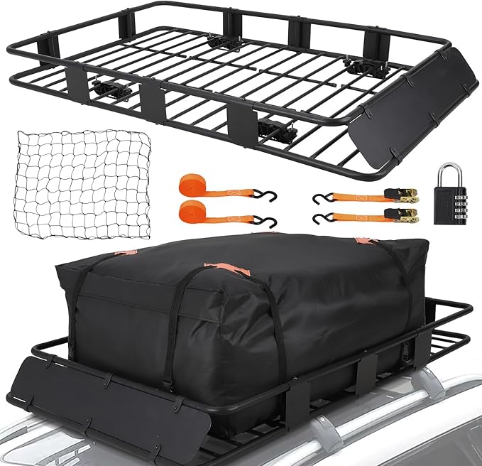 64"x39" Universal Roof Rack Basket with Waterproof Cargo Bag | 200 lbs Capacity, Adjustable Steel Construction | Car Top Carrier for SUV, Truck & Vehicle Rooftop Storage