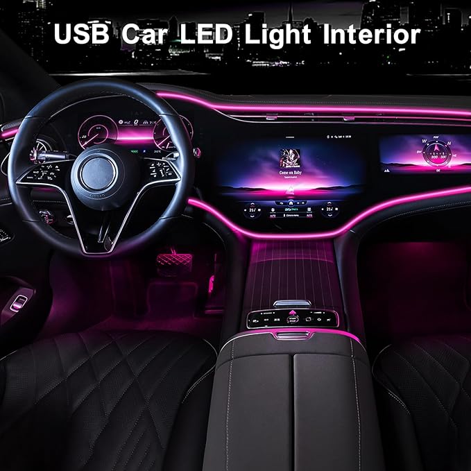 EL Wire Interior Car LED Strip Lights, 16.5FT USB Neon Glowing Strobing Electroluminescent Wire Strip with 6mm Sewing Edge, Ambient Lighting Kits for Car Home Decorations (Pink)