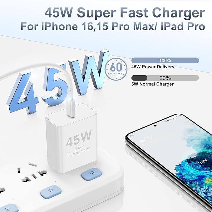 𝟐𝐏𝐚𝐜𝐤 𝟰𝟱𝗪 iPhone 17 16 15 Fast Charger,USB C Charging Block and 10ft Type C to C Cable Cord Long for Apple iPhone 17 Pro Max/17 Air/16 Pro/15 Plus/iPad/mini, Wall Plug Power Adapter Cube Brick