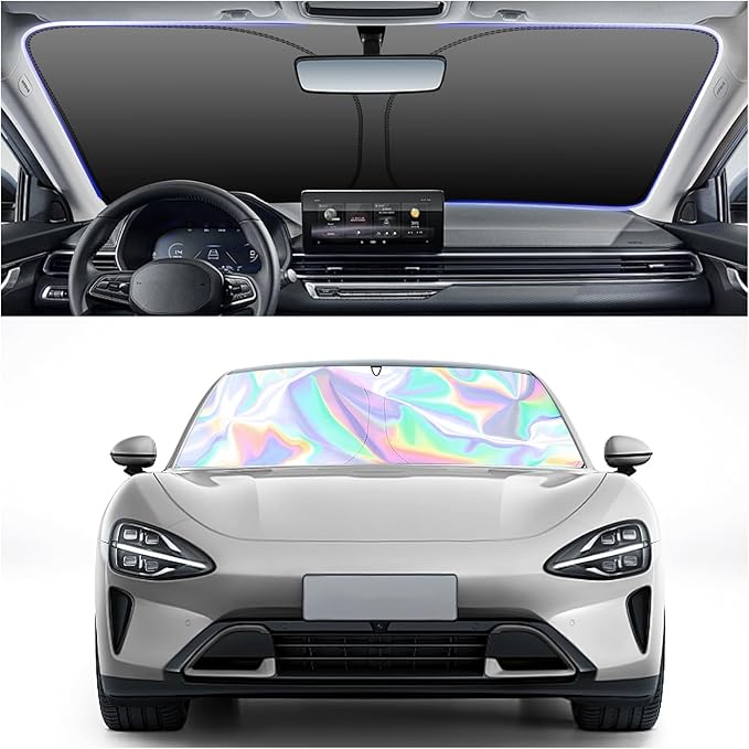 57.09x31.5 Holographic Front Windshield Sun Shade,Car Sun Shade Windshield for Thermal Insulation and Shading in 210T Titanium Silver Cloth,Collapsible Sunshade for Car Windshields