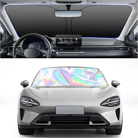 57.09x31.5 Holographic Front Windshield Sun Shade,Car Sun Shade Windshield for Thermal Insulation and Shading in 210T Titanium Silver Cloth,Collapsible Sunshade for Car Windshields