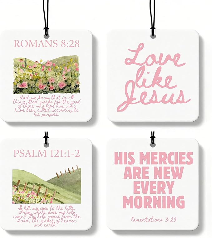 Pink Christian Square Citrus Car Air Freshener 4 Pcs, Preppy Floral Religious Bible Verse Hanging Air Freshener for Cars Bathroom Dorm Books Decor, Girly Christian Accessories Gifts for Women