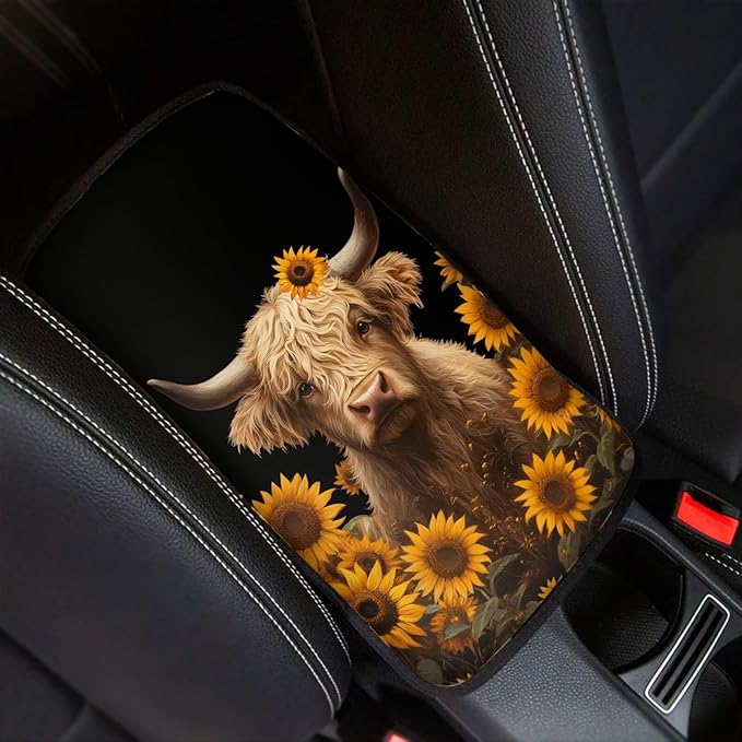 Highland Cow Print Car Center Console Pad Sunflower Print Armrest Seat Box Cover Protector for Auto Interior Decor Dust-Proof Universal Neoprene Armrest Pad