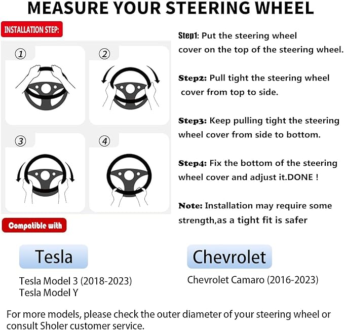 D Shape Steering Wheel Cover for Tesla Model 3 / Y, for Camaro, 14-14.25 Inch Black Leather Car Wheel Cover for Men Women