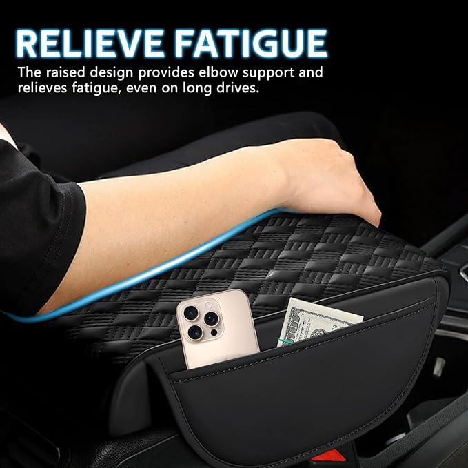 wuyaoyao Car Center Console Cover, 12.2"×8.27"×1.97" Leather Center Console Protector, Auto Armrest Pad with 2 Storage Pocket, Universal Armrest Cover Cushion for Most Cars, Trucks, SUVs (Black)