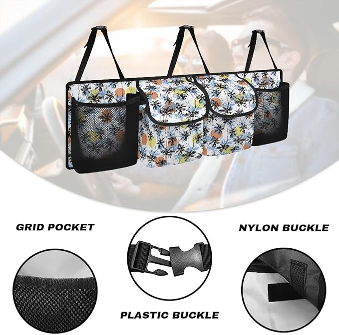 Palm Print Trunk Hanging Organizer, Backseat Bag, Car Interior Accessories with 2 Pockets & 2 Mesh Pouches for Groceries, Will Provide More Storage Trunk Space for SUV, Jeep, MPVs