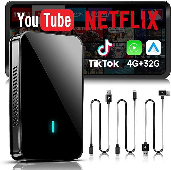 Wireless CarPlay & Android Auto Adapter, Supports for Netflix/YouTube, AI Box Carplay, Drivechat with AI Skills, Dual WiFi, Bluetooth, Fits for OEM Wired CarPlay Cars